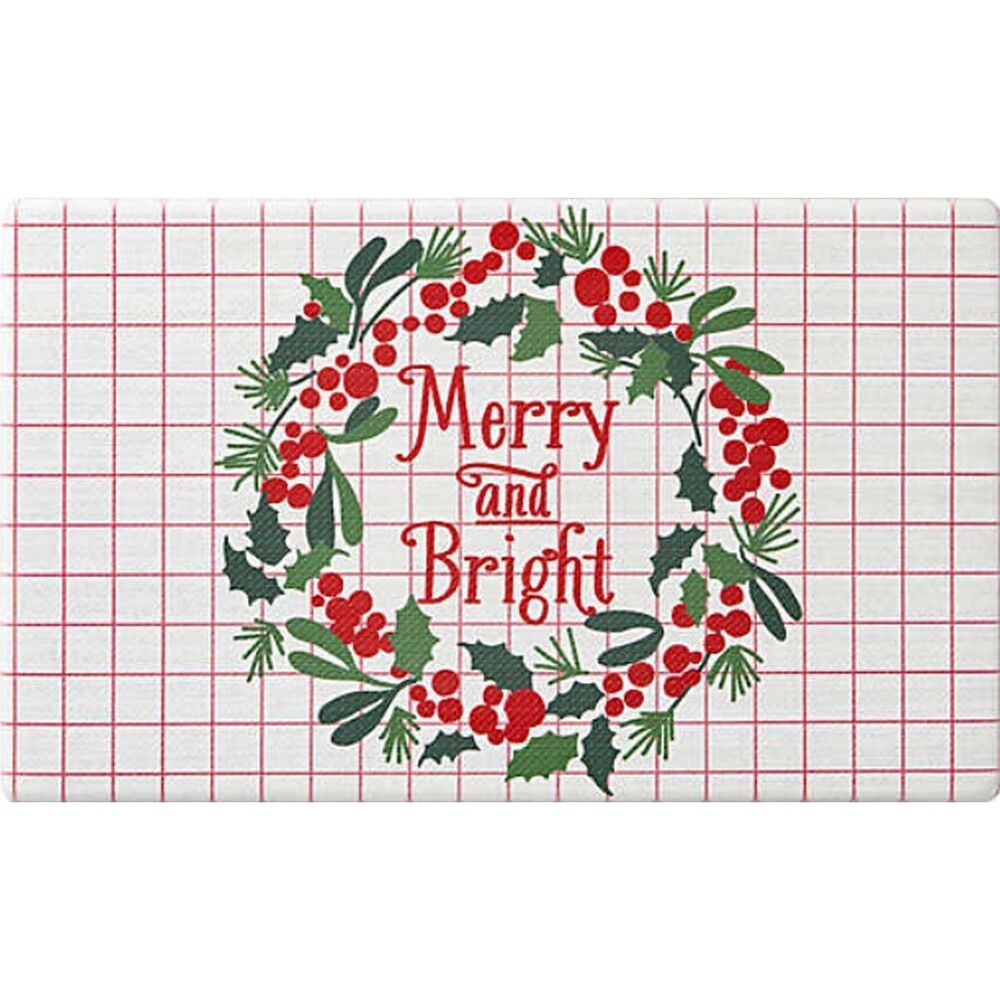 Anti-Fatigue PVC Floor Mat(18x30")CHRISTMAS FLOWERS WREATH,MERRY &BRIGHT,B&W